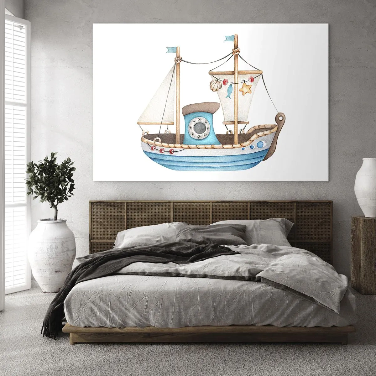 Impression sur verre - Image sur verre - Illustration d'un bateau pour enfants sur fond blanc - 100x70cm - Ohé, l'aventure ! - Décoration murale moderne pour le salon et la chambre ARTTOR