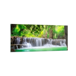 Impression sur verre - Image sur verre - Une cascade verte entourée d'une végétation tropicale dense - 120x50cm - Une cascade de vert - Décoration murale moderne pour le salon et la chambre ARTTOR
