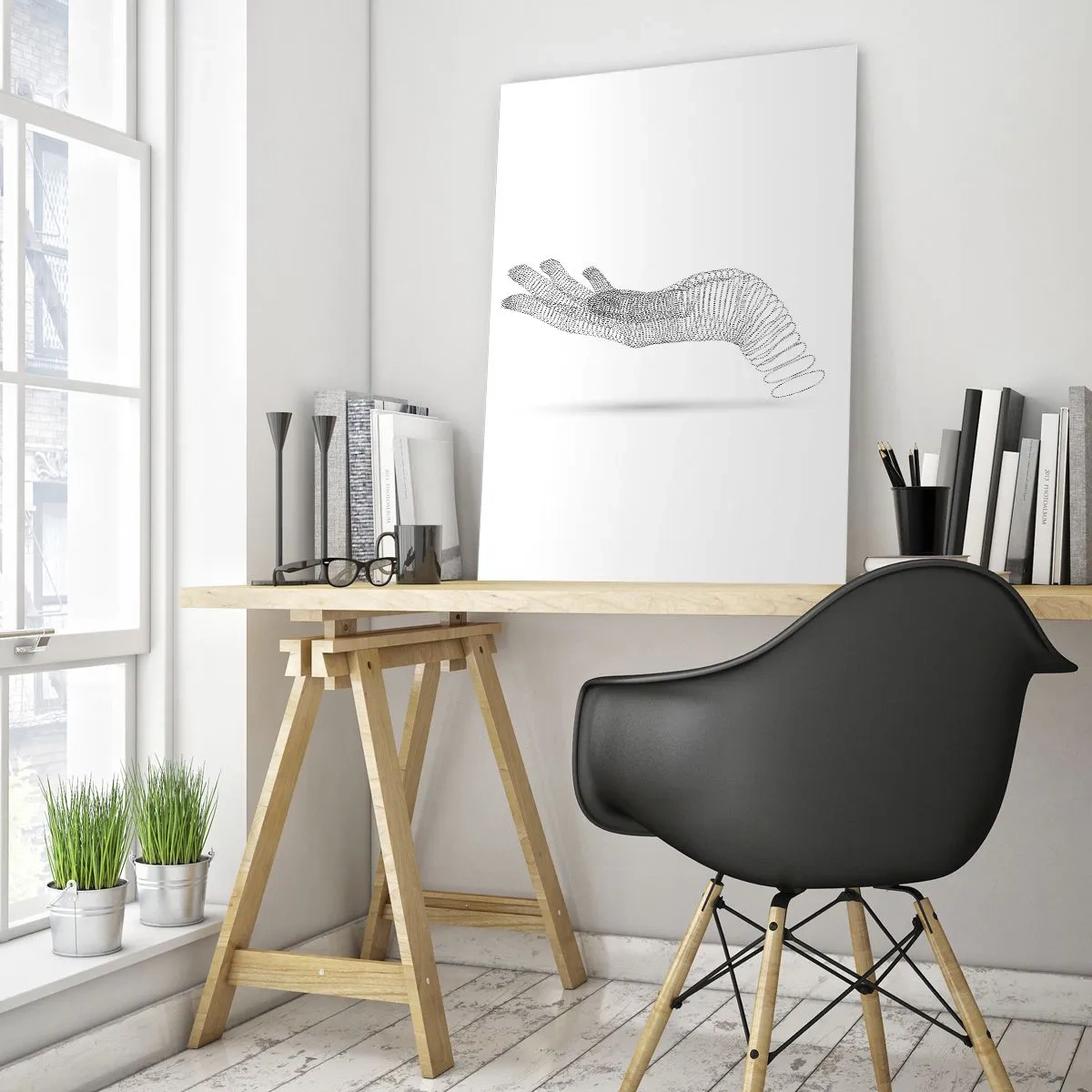 Impression sur verre - Image sur verre - Une illustration minimaliste d'une main faite de points noirs sur fond blanc. - 70x100cm - La main ressort - Décoration murale moderne pour le salon et la chambre ARTTOR