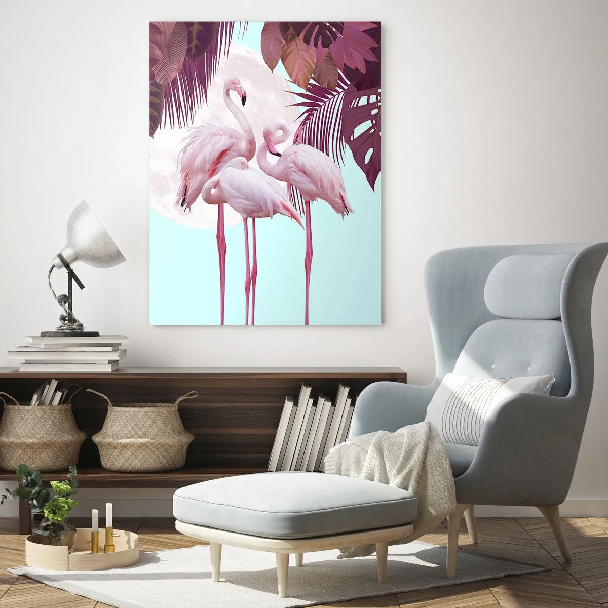 Impression sur verre - Image sur verre - Flamants roses sur fond de lune et de feuilles tropicales - 70x100cm - Trois oiseaux gracieux - Décoration murale moderne pour le salon et la chambre ARTTOR