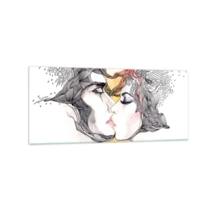 Impression sur verre - Image sur verre - Portrait artistique d'un couple avec des motifs de cheveux abstraits - 120x50cm - Le monde n'existe pas - Décoration murale moderne pour le salon et la chambre ARTTOR