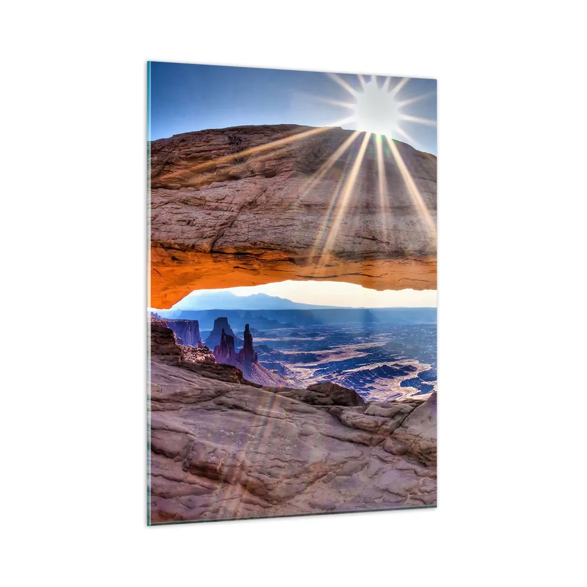 Impression sur verre - Image sur verre - Arche rocheuse avec rayons de soleil sur fond de paysage - 50x70cm - Par la porte rocheuse - Décoration murale moderne pour le salon et la chambre ARTTOR