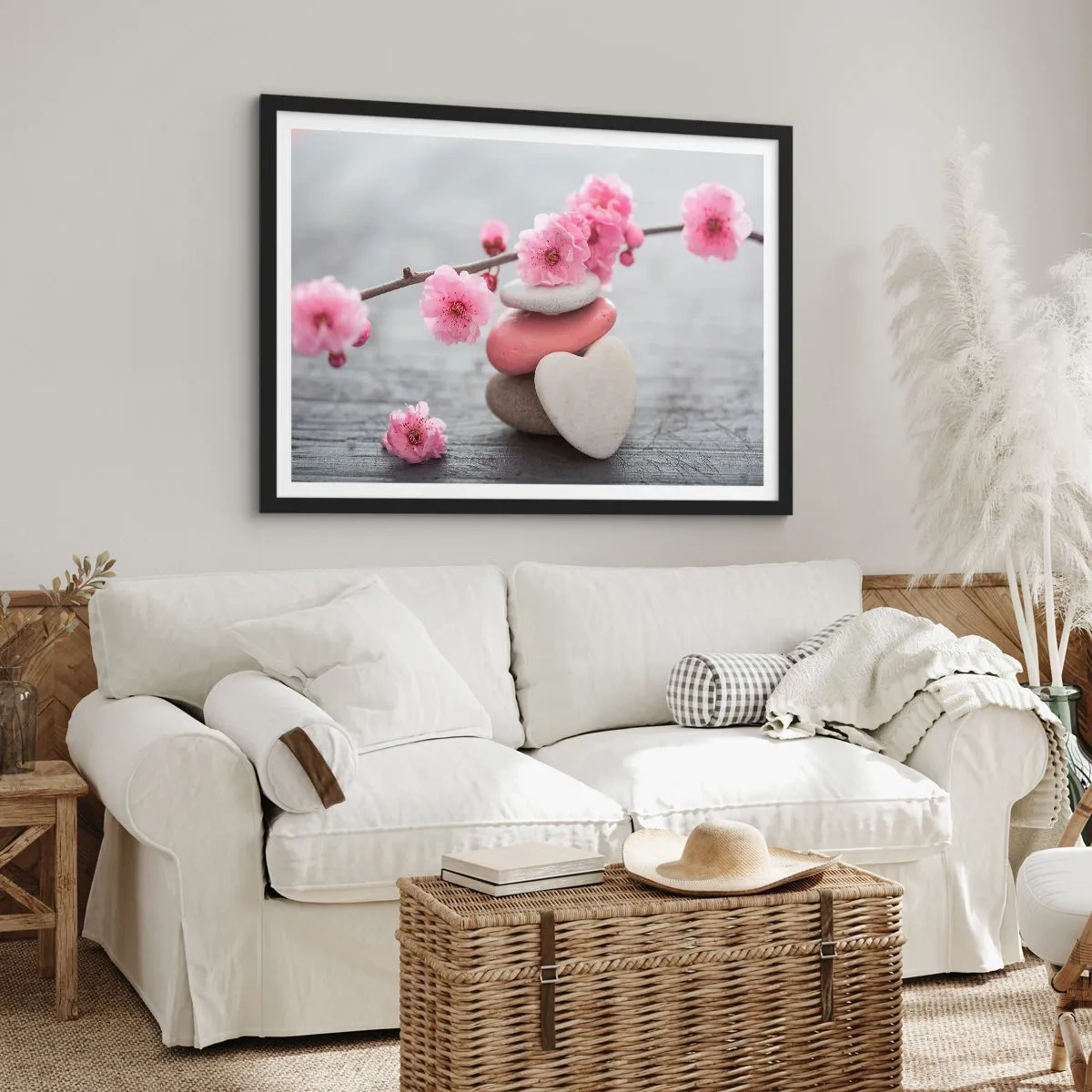 Affiche dans un cadre noir - Poster - Fleurs de cerisier délicates avec des pierres en forme de cœur - 70x50cm - Le bonheur avec une fleur de cerisier - Décoration murale moderne pour le salon et la chambre ARTTOR