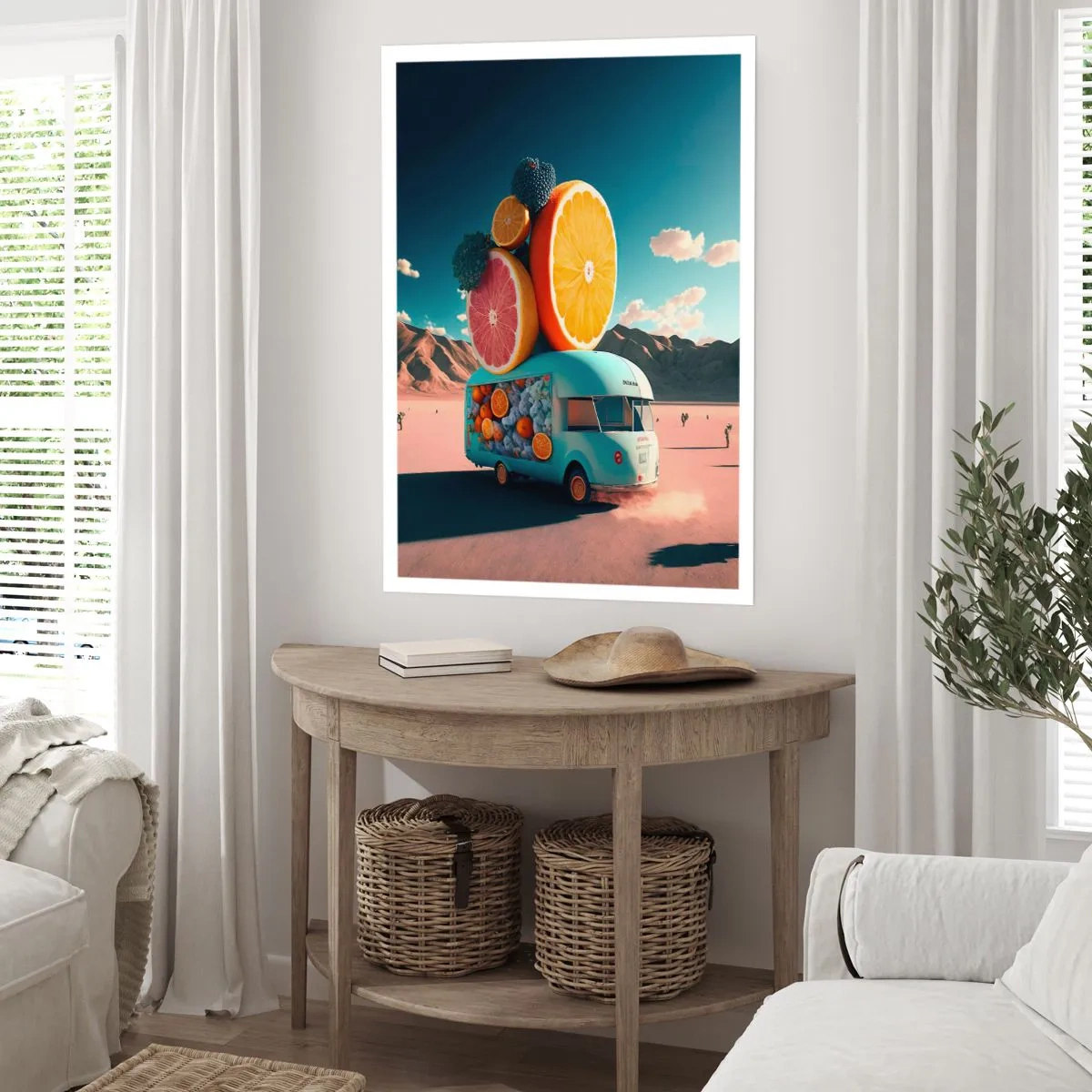 Affiche - Poster - Camion de fruits de fantaisie dans le désert - 50x70cm - Le goût des vacances - Décoration murale moderne pour le salon et la chambre ARTTOR