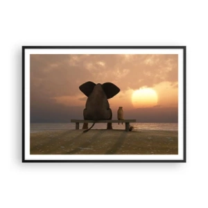 Affiche dans un cadre noir - Poster - Un éléphant et un chien sont assis sur un banc sur la plage au coucher du soleil. - 100x70cm - C'est bon de garder le silence ensemble - Décoration murale moderne pour le salon et la chambre ARTTOR