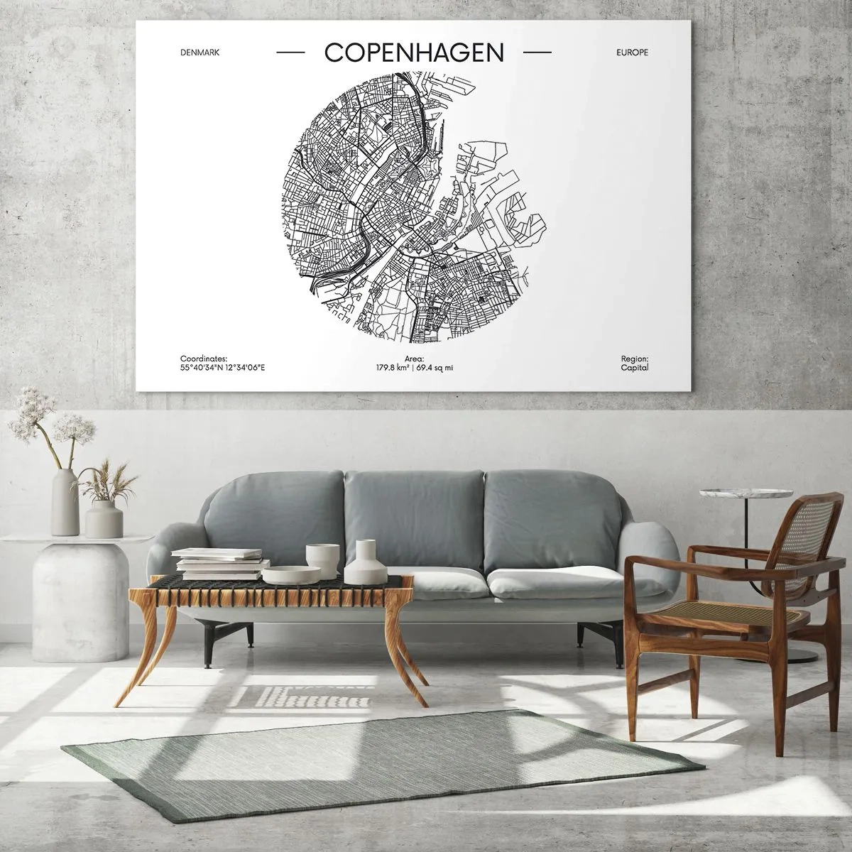 Impression sur verre - Image sur verre - Une carte de Copenhague sous la forme d'un croquis de rue graphique - 70x50cm - Anatomie de Copenhague - Décoration murale moderne pour le salon et la chambre ARTTOR