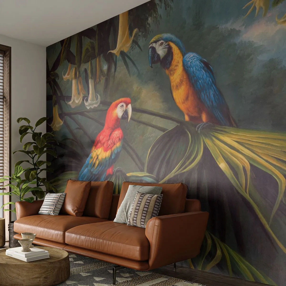 Papier Peint Photo Premium Sand - Deux perroquets colorés dans une jungle tropicale - 100x70cm - Romantisme dans les tropiques - Décoration murale moderne pour le salon et la chambre ARTTOR