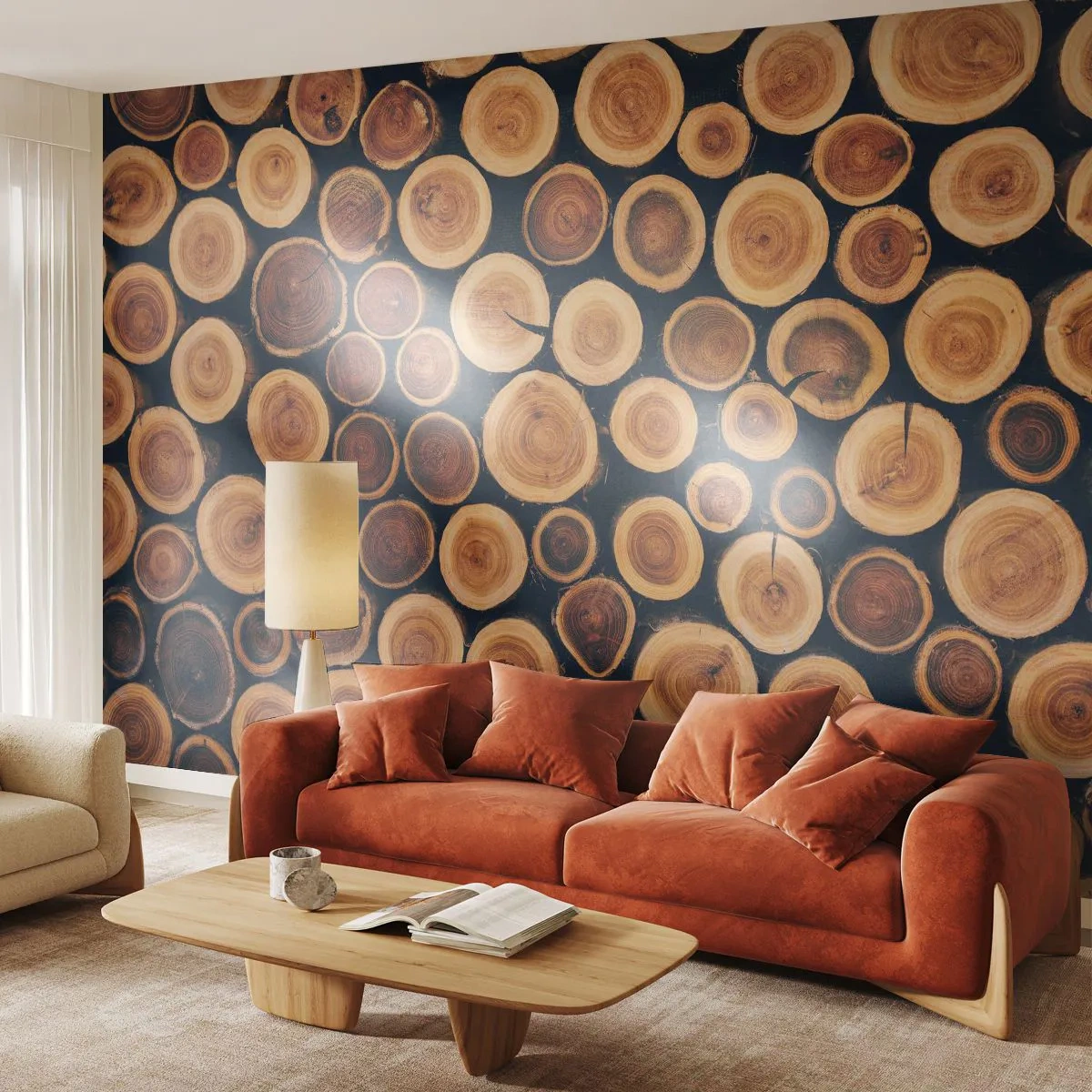 Papier Peint Photo Premium Sand - Disques de bois empilés sur un fond sombre - 100x70cm - Quel âge je semble avoir ? - Décoration murale moderne pour le salon et la chambre ARTTOR