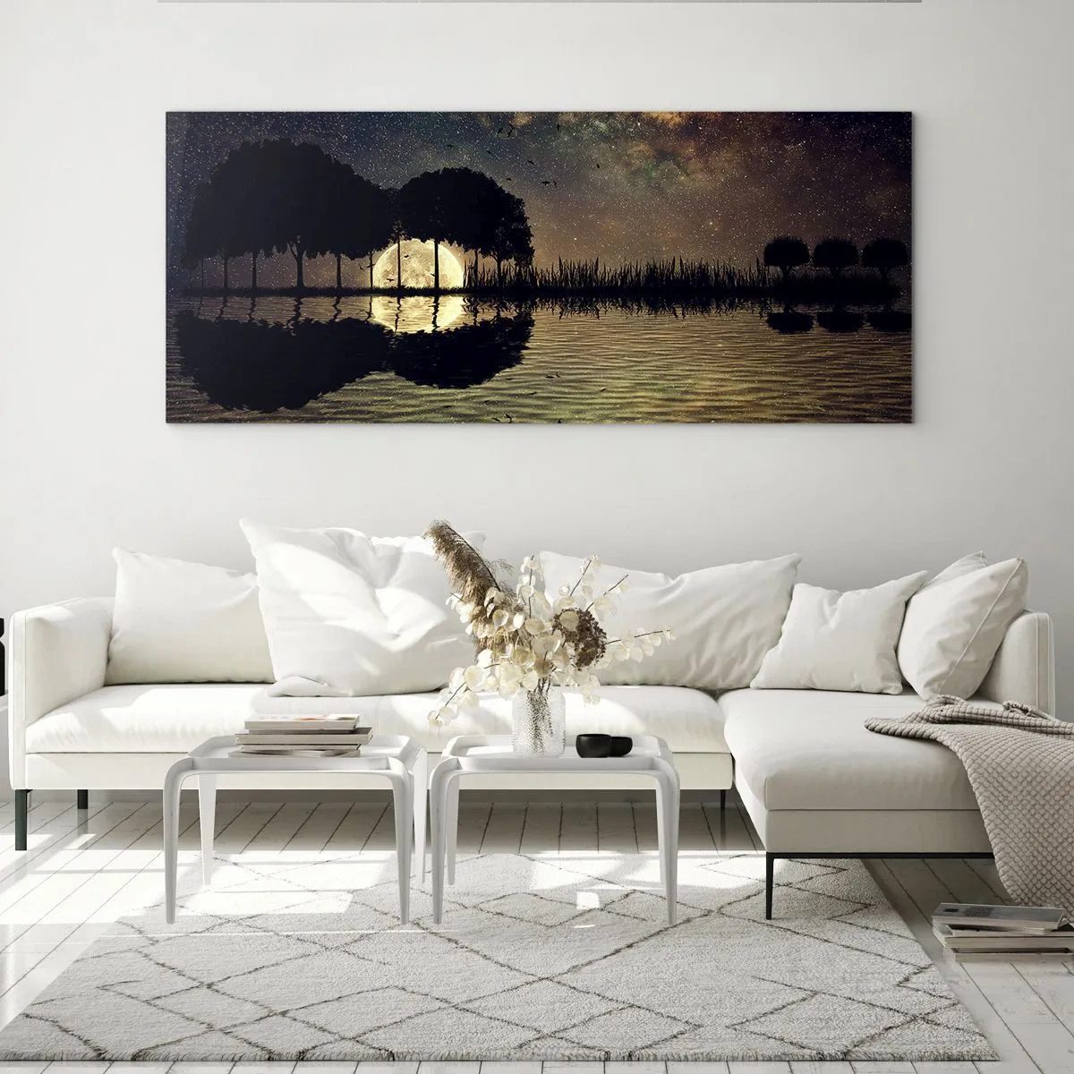 Impression sur verre - Image sur verre - Une nuit magique avec des arbres et la lune se reflétant sur l'eau - 120x50cm - Nuit au bout du monde - Décoration murale moderne pour le salon et la chambre ARTTOR