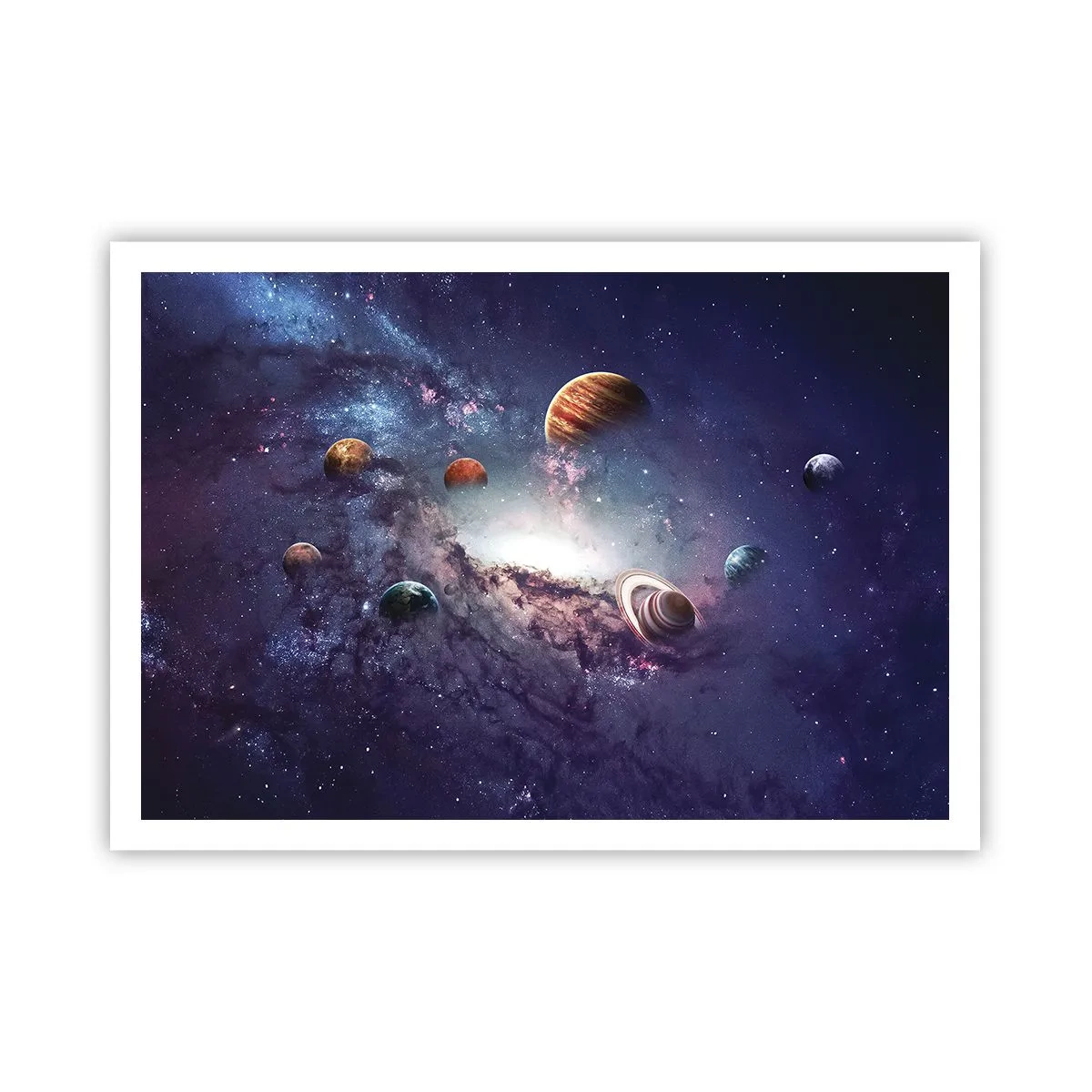 Affiche - Poster - Planètes dans une galaxie avec une nébuleuse en arrière-plan - 100x70cm - Système de danse solaire - Décoration murale moderne pour le salon et la chambre ARTTOR