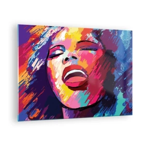 Impression sur verre - Image sur verre - Portrait abstrait d'une femme aux couleurs intenses - 70x50cm - Chante toute ma vie - Décoration murale moderne pour le salon et la chambre ARTTOR
