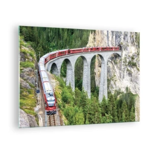 Impression sur verre - Image sur verre - Un train avec un pont de montagne en arrière-plan parmi des paysages verdoyants - 70x50cm - Chemin de fer avec vue sur la montagne - Décoration murale moderne pour le salon et la chambre ARTTOR