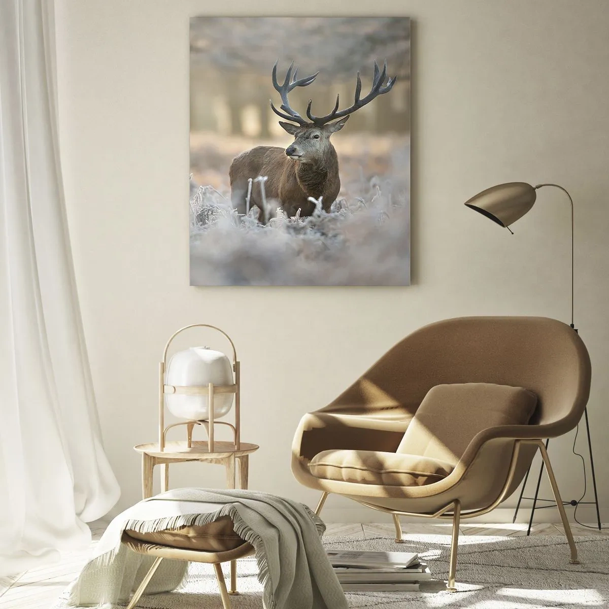 Impression sur verre - Image sur verre - Un cerf dans une clairière givrée dans une forêt hivernale aux couleurs subtiles - 70x100cm - Une matinée animée - Décoration murale moderne pour le salon et la chambre ARTTOR