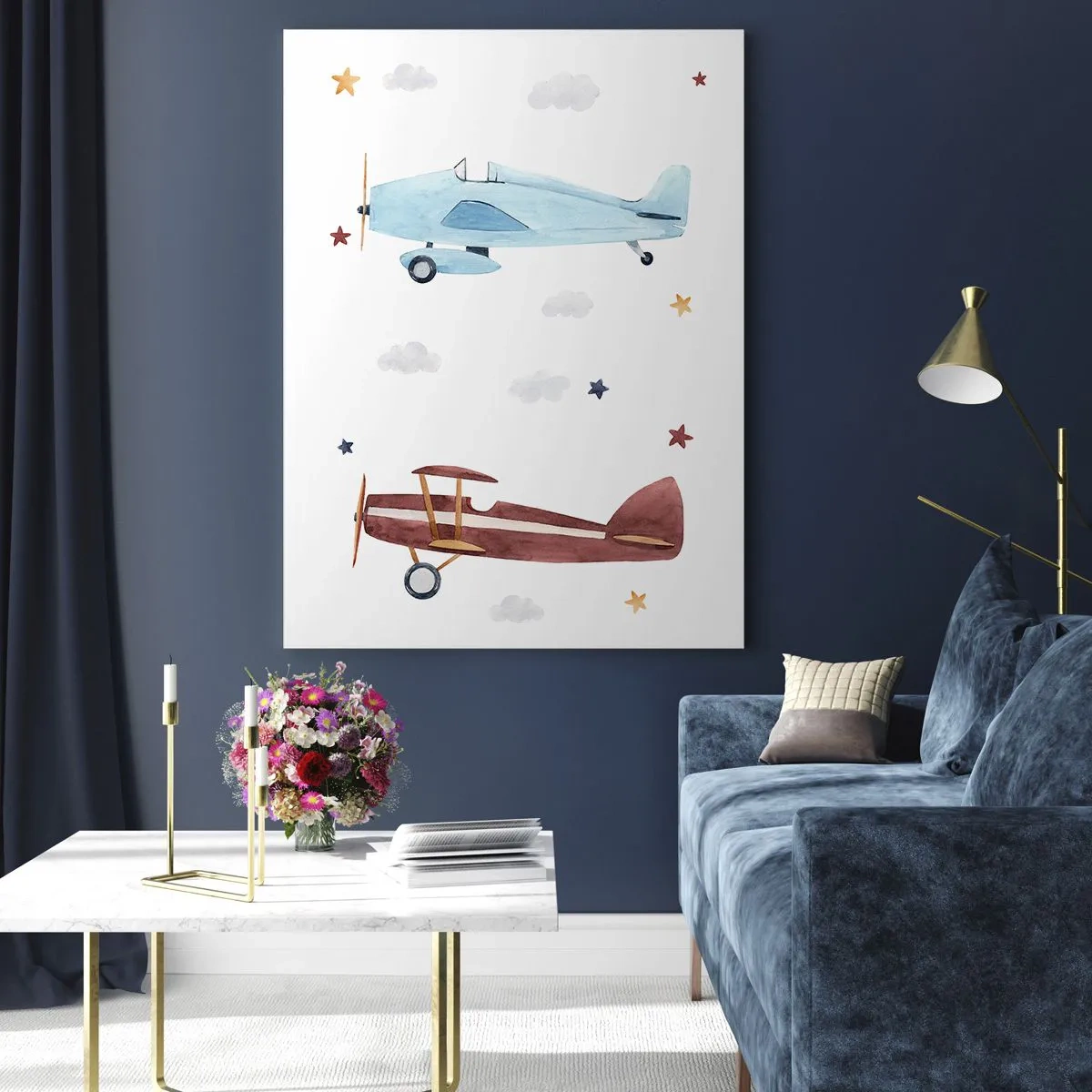 Impression sur verre - Image sur verre - Avions peints à la main sur fond de nuages et d'étoiles - 70x100cm - Monsieur le pilote, nous vous attendons ! - Décoration murale moderne pour le salon et la chambre ARTTOR