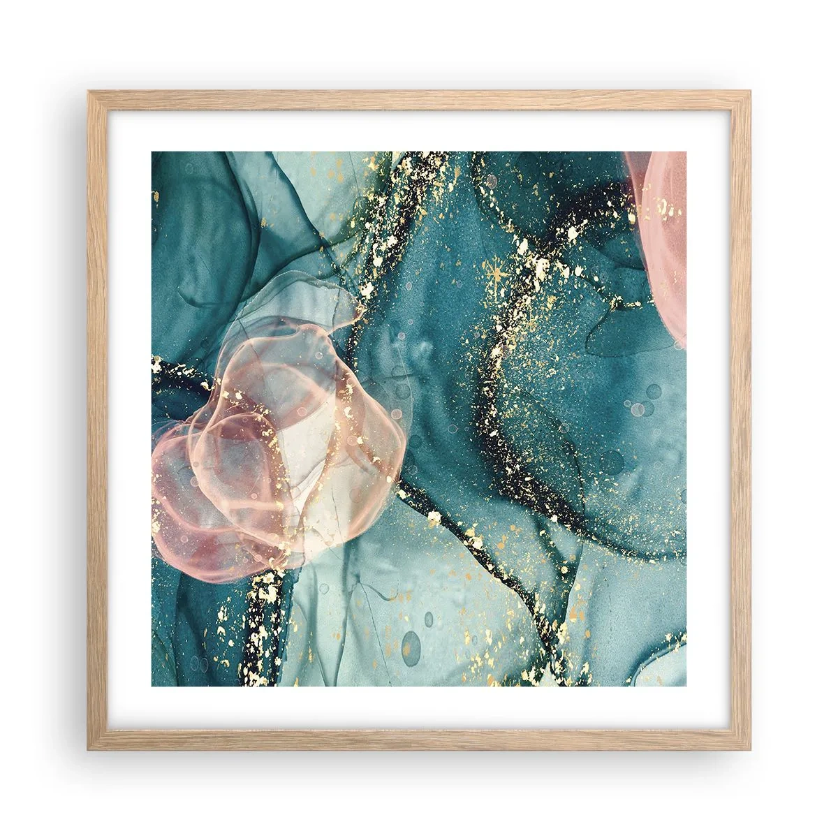 Affiche dans un chêne clair - Poster - Soie bleu, tulle rose - 50x50 cm