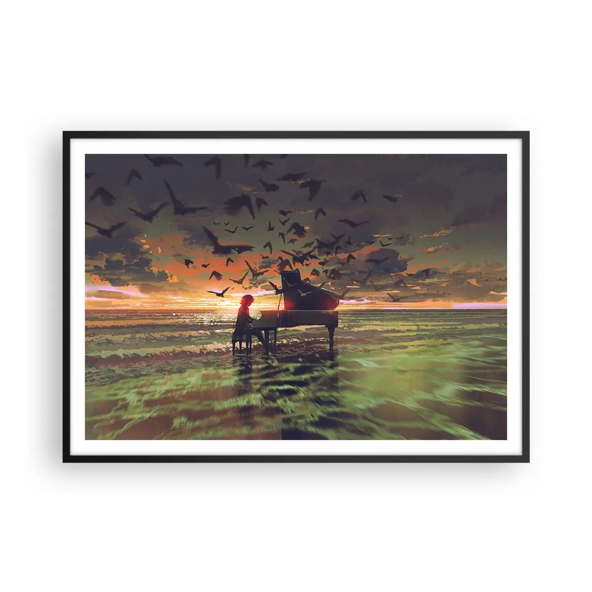 Affiche dans un cadre noir - Poster - Un piano au bord de la mer au coucher du soleil avec des oiseaux - 100x70cm - Concert pour piano et vagues - Décoration murale moderne pour le salon et la chambre ARTTOR