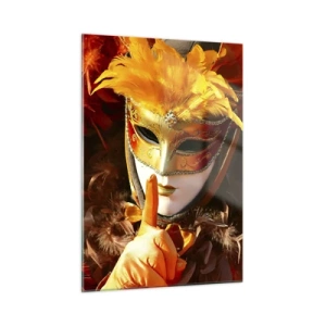Impression sur verre - Image sur verre - Une figure portant un masque doré avec des plumes oranges - 50x70cm - Le secret est une partie du jeu - Décoration murale moderne pour le salon et la chambre ARTTOR