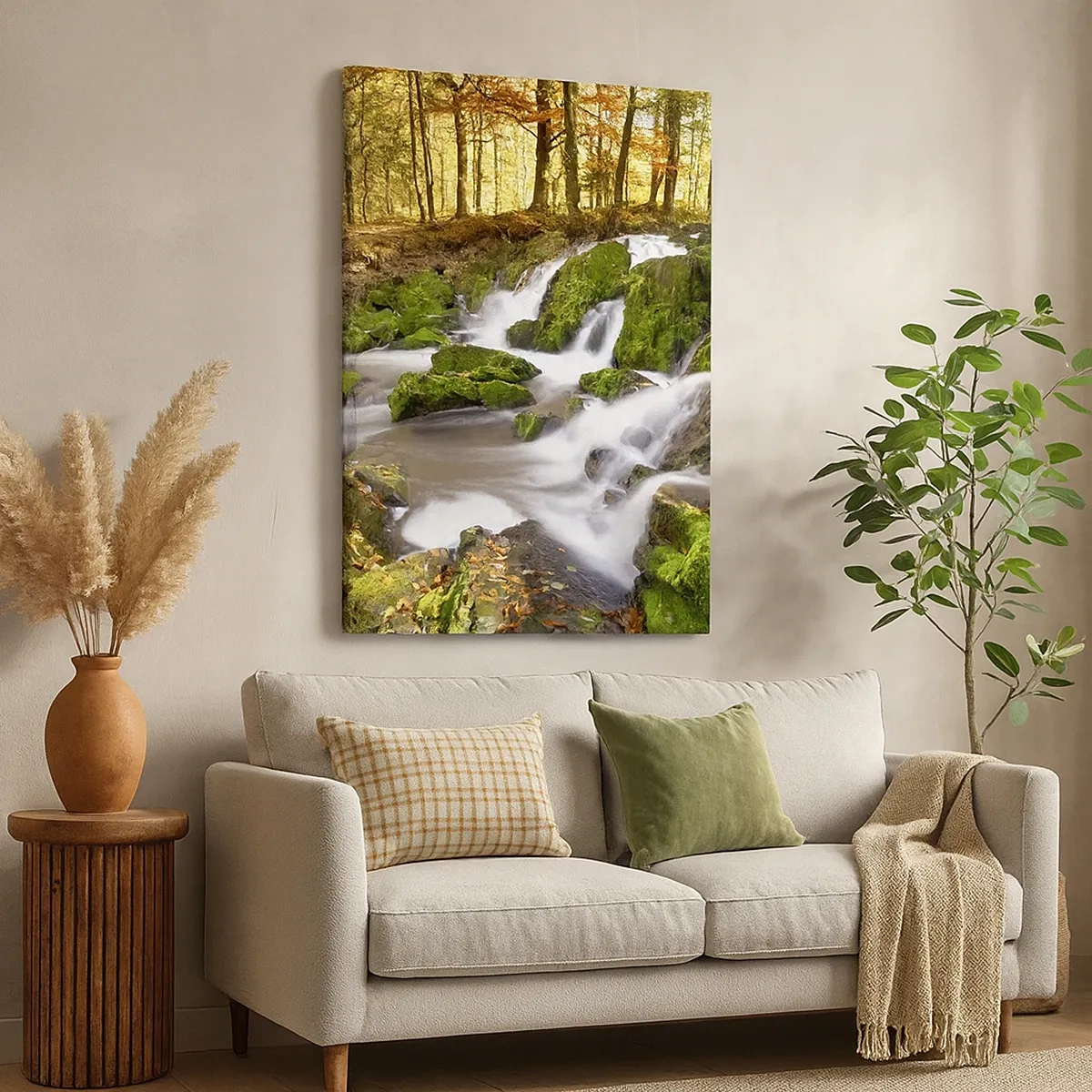 Impression sur toile - Image sur toile - Un paysage boisé avec une cascade entourée de mousse - 50x70cm - Rapidement à travers la forêt d'automne - Décoration murale moderne pour le salon et la chambre ARTTOR