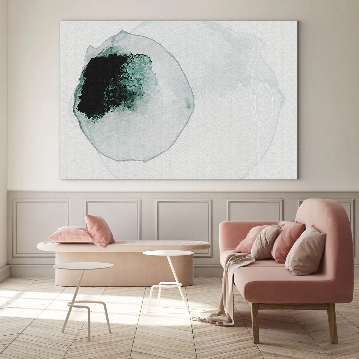 Impression sur verre - Image sur verre - Une forme abstraite ressemblant à une goutte d'eau dans des tons de vert. - 120x80cm - Dans une goutte d'eau - Décoration murale moderne pour le salon et la chambre ARTTOR