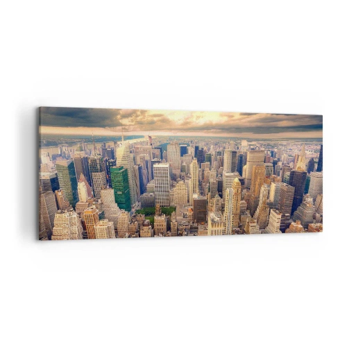 Impression sur toile - Image sur toile - Panorama de la ville avec vue sur les gratte-ciels au coucher du soleil - 120x50cm - Métropole dorée - Décoration murale moderne pour le salon et la chambre ARTTOR