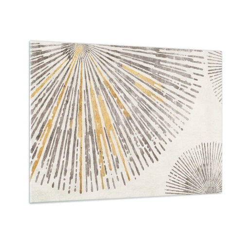 Impression sur verre - Image sur verre - Lignes radiales dans des tons dorés et gris sur fond clair - 70x50cm - La beauté du rayon - Décoration murale moderne pour le salon et la chambre ARTTOR