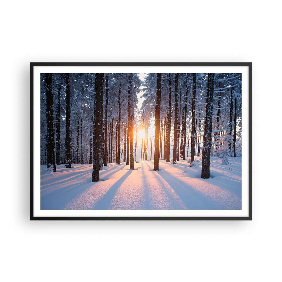 Affiche dans un cadre noir - Poster - Forêt d'hiver illuminée par les rayons du soleil - 100x70cm - Clairement en noir et blanc - Décoration murale moderne pour le salon et la chambre ARTTOR