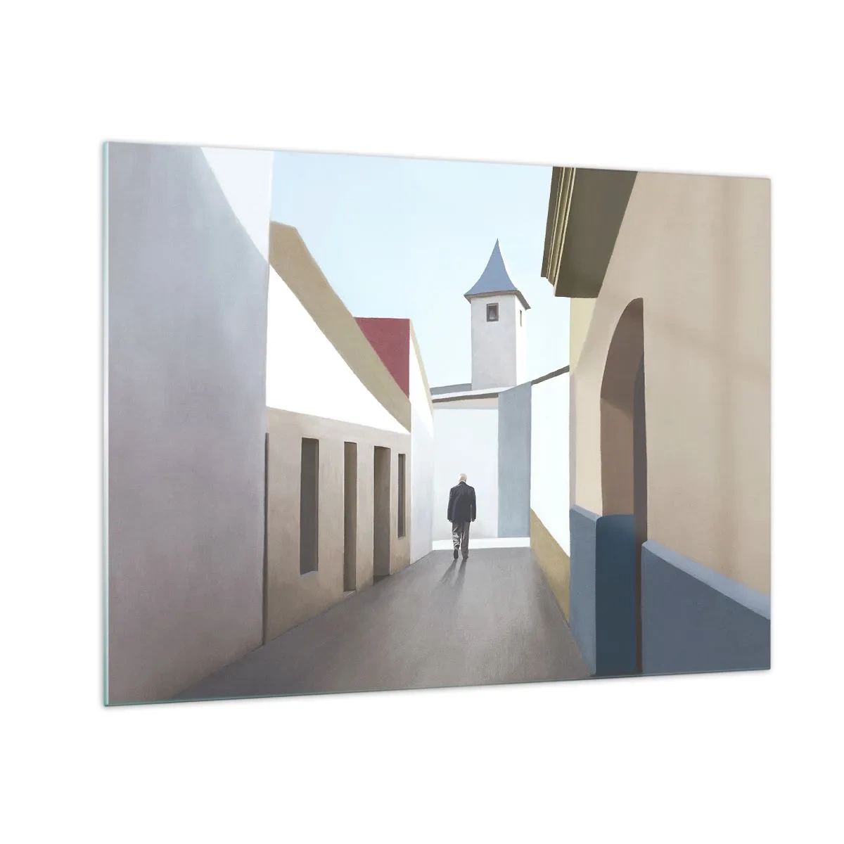 Impression sur verre - Image sur verre - Une rue au soleil avec une silhouette marchant au loin - 70x50cm - Une promenade ensoleillée - Décoration murale moderne pour le salon et la chambre ARTTOR