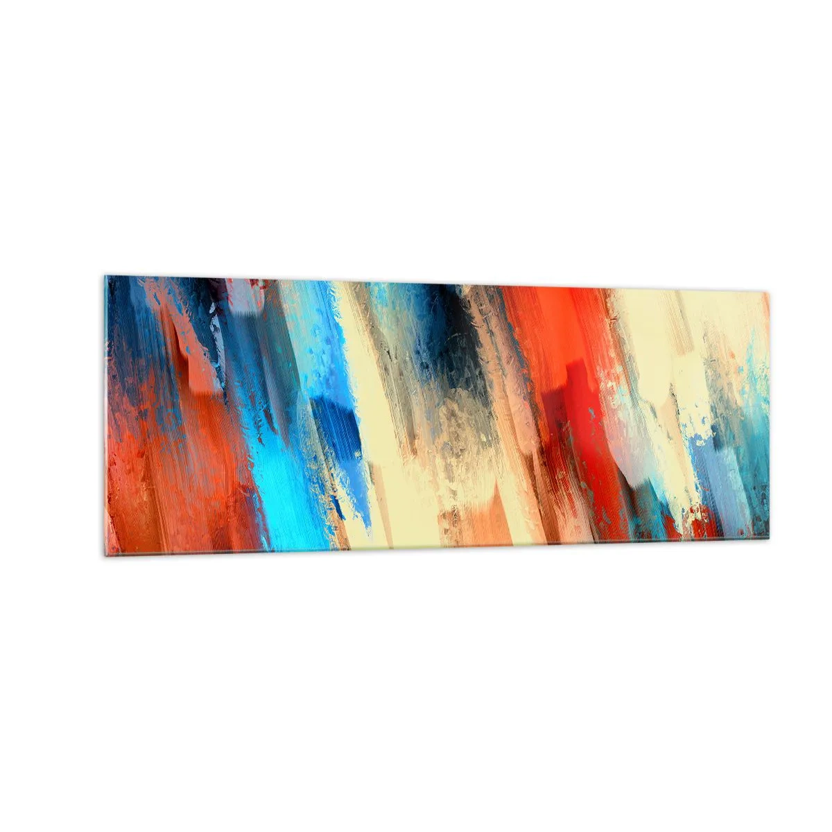 Impression sur verre - Image sur verre - Coup de pinceau abstrait dans les tons bleu et orange - 140x50cm - Une cascade de couleurs - Décoration murale moderne pour le salon et la chambre ARTTOR