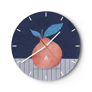 Horloge murale - Pendule murale - Pêche avec des feuilles sur fond bleu marine - 30x30cm - Convexité et plan - Décoration murale moderne pour le salon, la cuisine et la chambre ARTTOR