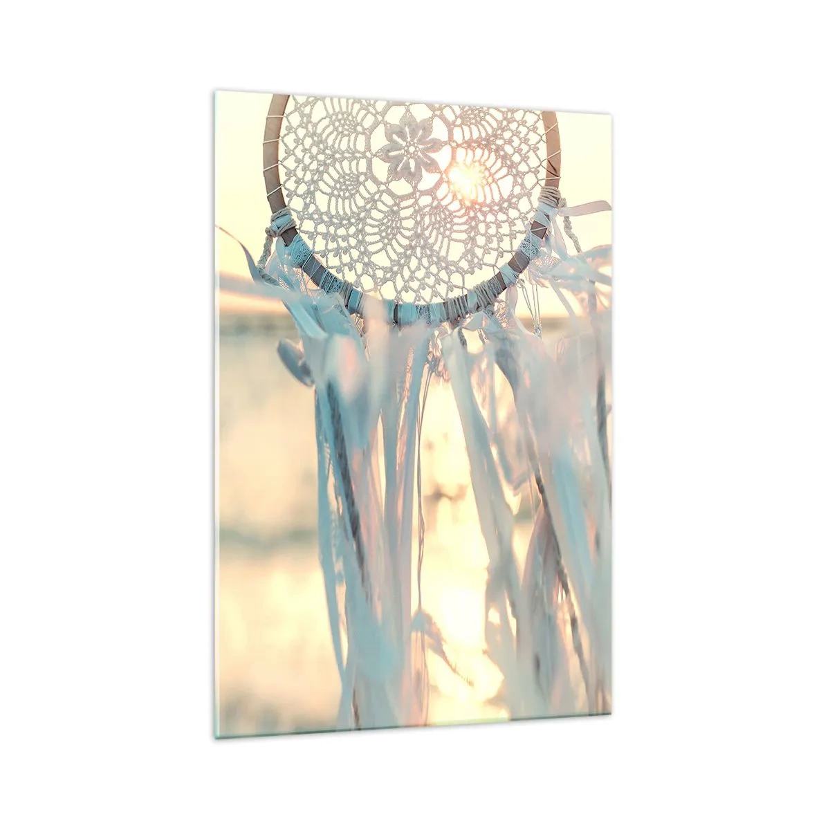 Impression sur verre - Image sur verre - Un attrape-rêves délicat sur fond de soleil couchant - 70x100cm - Totem en dentelle - Décoration murale moderne pour le salon et la chambre ARTTOR