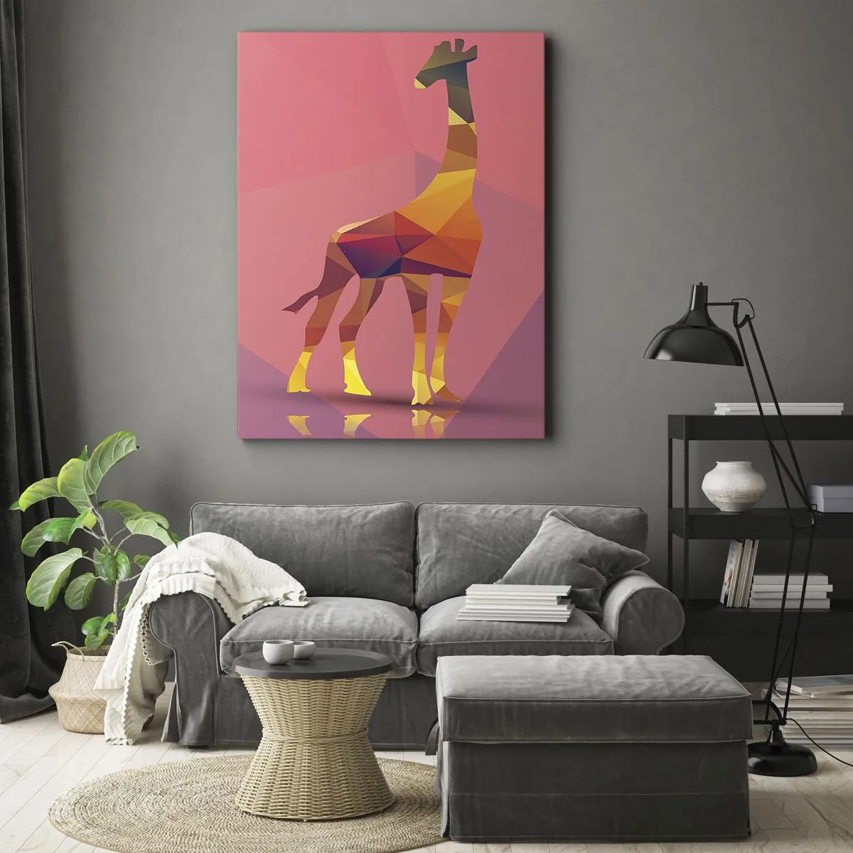 Impression sur toile - Image sur toile - Silhouette de girafe géométrique dans des tons pastel de rose et de jaune - 50x70cm - Les nuances de la savane - Décoration murale moderne pour le salon et la chambre ARTTOR