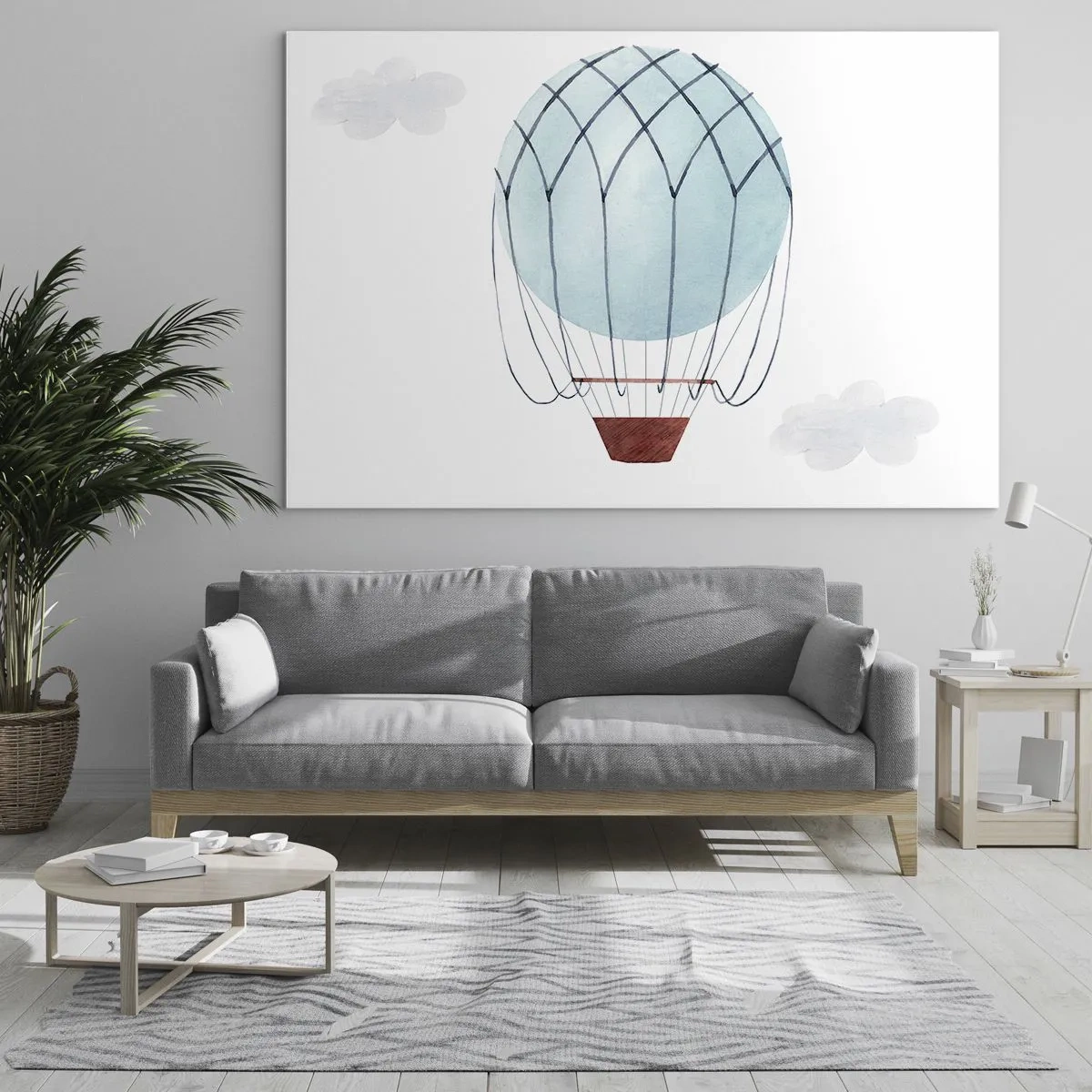 Impression sur verre - Image sur verre - Montgolfière bleue dans les nuages - 70x50cm - Entièrement dans les nuages - Décoration murale moderne pour le salon et la chambre ARTTOR