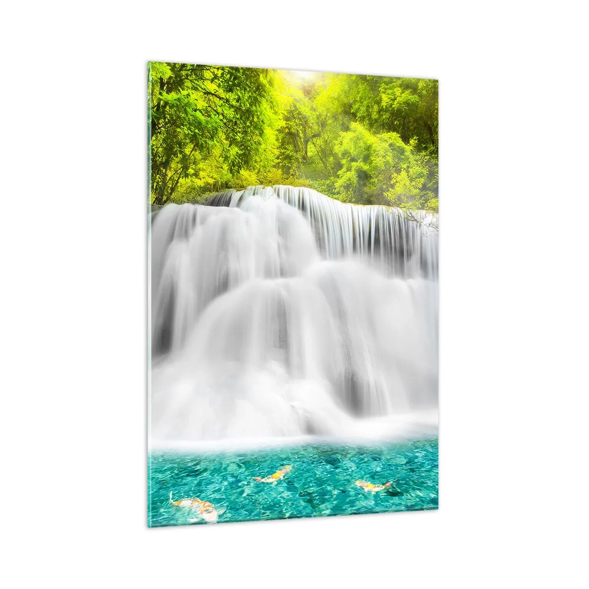 Impression sur verre - Image sur verre - Une cascade entourée de verdure avec une eau cristalline - 50x70cm - Une cascade mousseuse du vert à l'azur - Décoration murale moderne pour le salon et la chambre ARTTOR