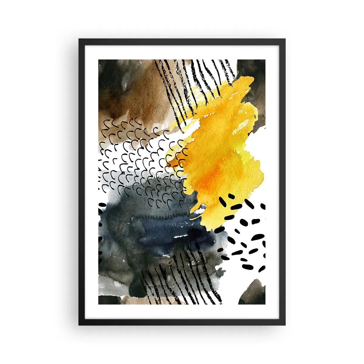 Affiche dans un cadre noir - Poster - Composition abstraite dans les tons jaune et noir - 50x70cm - Rencontre des éléments - Décoration murale moderne pour le salon et la chambre ARTTOR