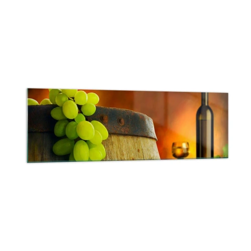 Impression sur verre - Image sur verre - Raisins sur un tonneau de vin avec une palette de couleurs chaudes en arrière-plan - 160x50cm - Nature morte avec une bouteille de vin et une grappe de raisin - Décoration murale moderne pour le salon et la chambre