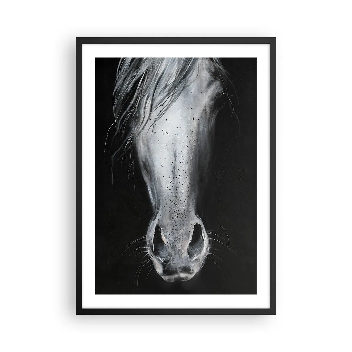 Affiche dans un cadre noir - Poster - Gros plan du visage d'un cheval en noir et blanc - 50x70cm - Regard séduisant - Décoration murale moderne pour le salon et la chambre ARTTOR