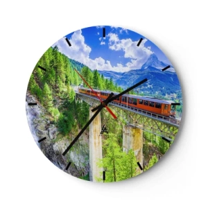 Horloge murale - Pendule murale - Un train rouge traversant un pont dans un paysage alpin - 30x30cm - Train dans les Alpes - Décoration murale moderne pour le salon, la cuisine et la chambre ARTTOR