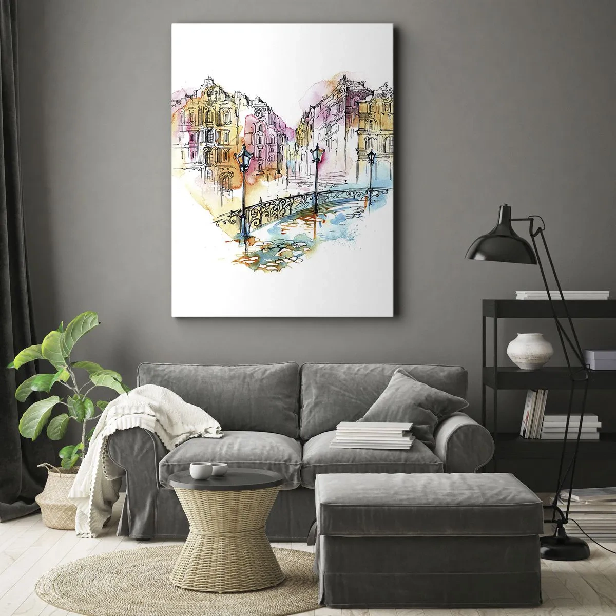 Impression sur toile - Image sur toile - Aquarelle d'un pont et de maisons en forme de cœur - 70x100cm - Le coeur de la ville - Décoration murale moderne pour le salon et la chambre ARTTOR