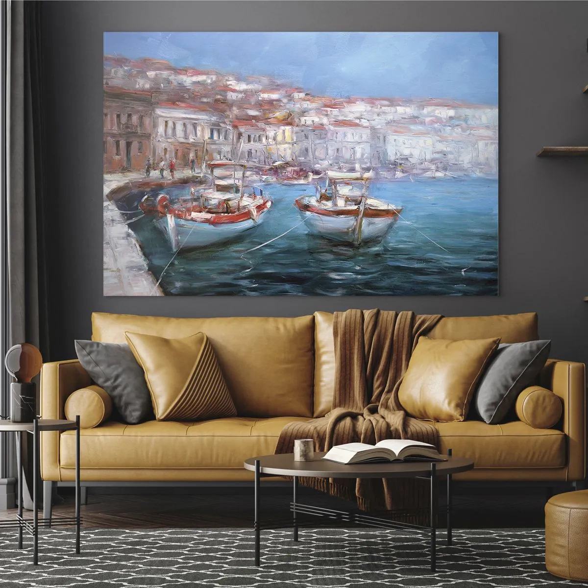 Impression sur verre - Image sur verre - Port de pêche avec des bateaux sur fond de bâtiments italiens et de ciel bleu - 100x70cm - Baie italienne - Décoration murale moderne pour le salon et la chambre ARTTOR