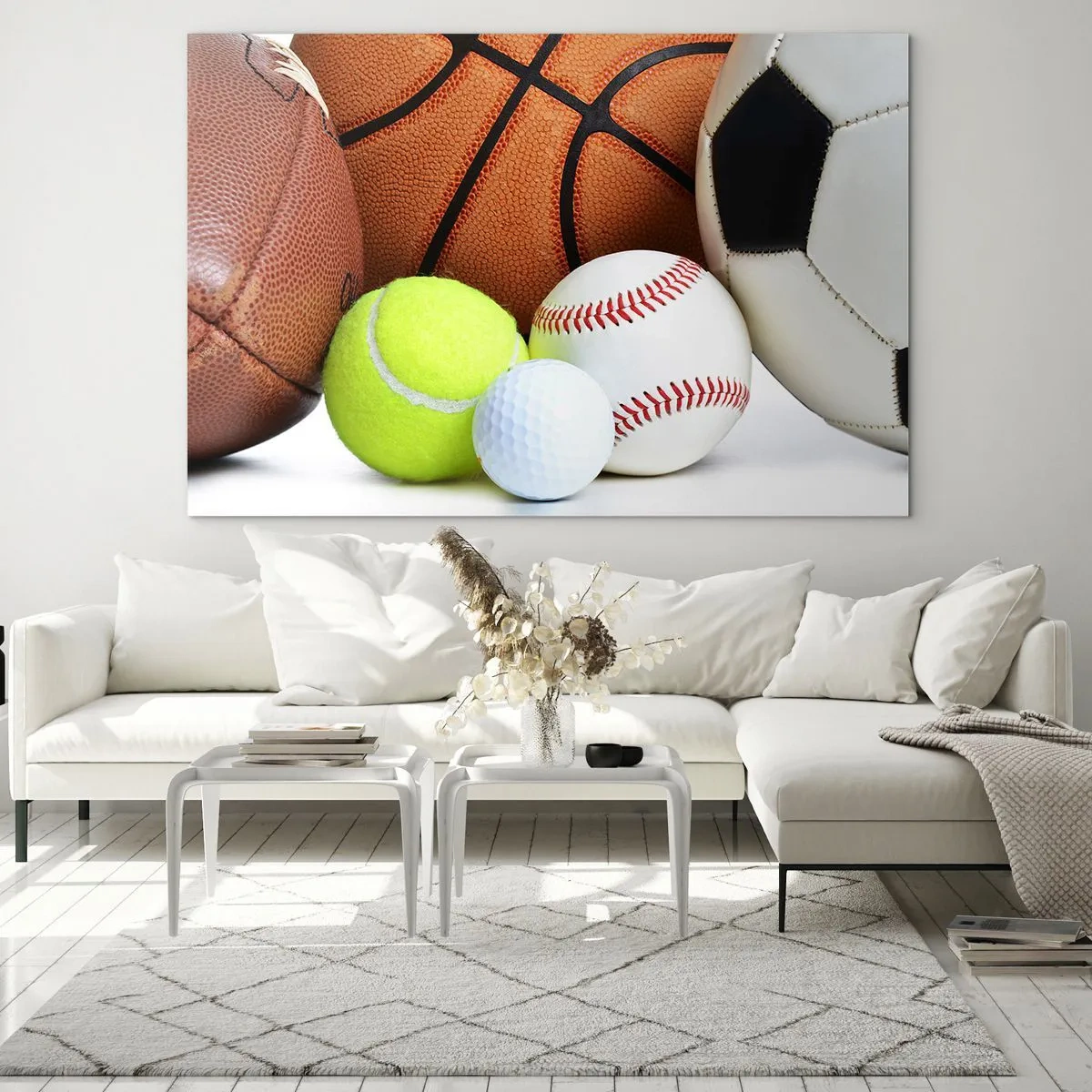 Impression sur verre - Image sur verre - Un ensemble de ballons de sport sur fond blanc - 70x50cm - Le football nous connecte ! - Décoration murale moderne pour le salon et la chambre ARTTOR