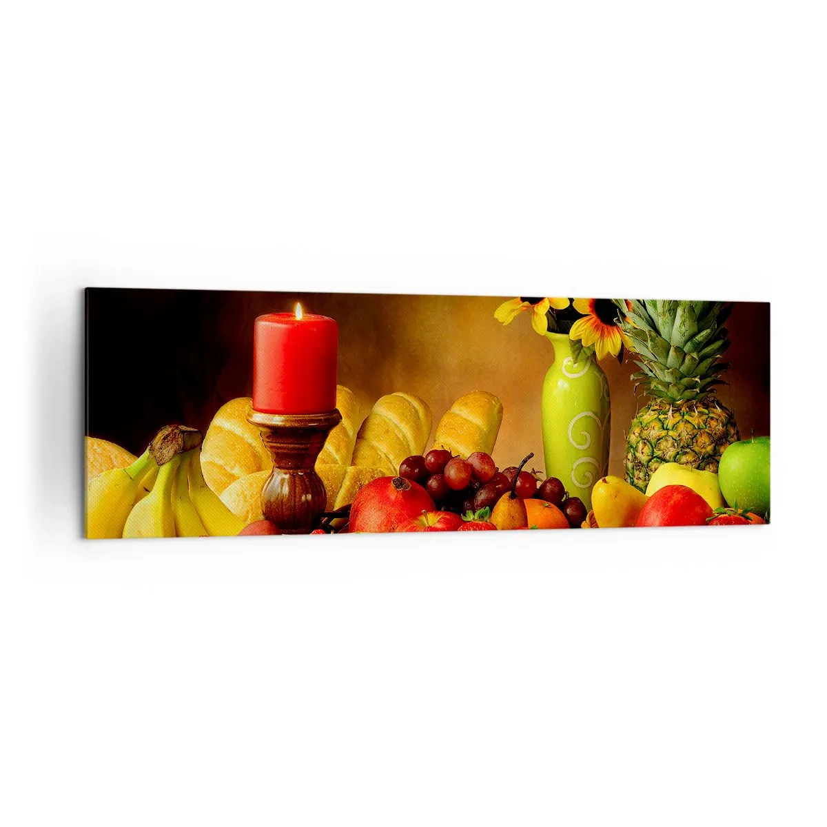 Impression sur toile - Image sur toile - Nature morte avec fruits, pain, bougie et fleurs - 160x50cm - Nature morte de pain et de fruits - Décoration murale moderne pour le salon et la chambre ARTTOR
