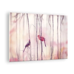 Impression sur verre - Image sur verre - Deux oiseaux parmi des brindilles délicates aux tons pastel - 70x50cm - Conte de la forêt rose - Décoration murale moderne pour le salon et la chambre ARTTOR