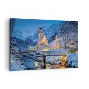 Impression sur toile - Image sur toile - Paysage d'hiver avec une église, un pont et des montagnes au crépuscule - 120x80cm - L'âme du monde - Décoration murale moderne pour le salon et la chambre ARTTOR
