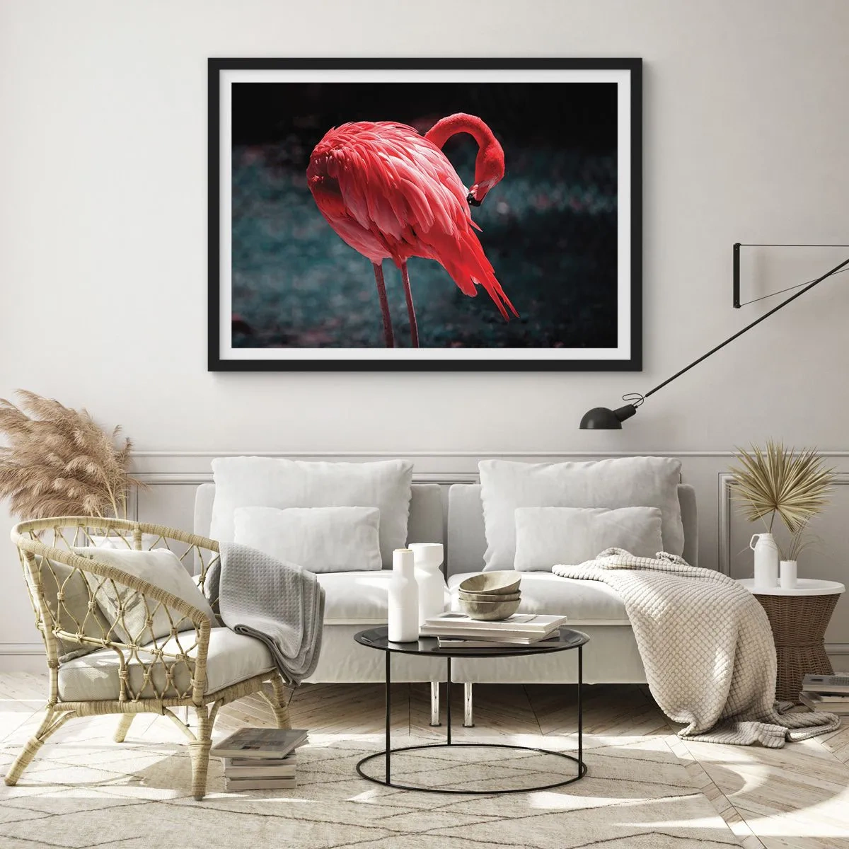Affiche dans un cadre noir - Poster - Un flamant rose sur fond vert foncé - 70x50cm - Poème cramoisi de la nature - Décoration murale moderne pour le salon et la chambre ARTTOR
