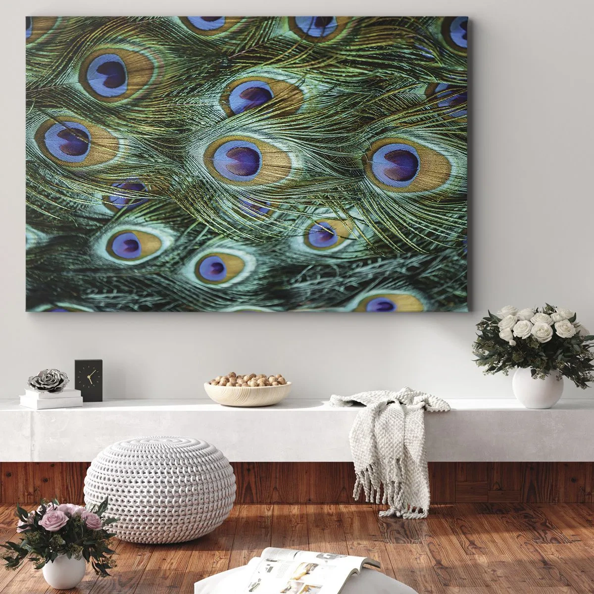 Impression sur toile - Image sur toile - Détails des plumes de paon aux couleurs riches - 120x80cm - Un regard de paon - Décoration murale moderne pour le salon et la chambre ARTTOR