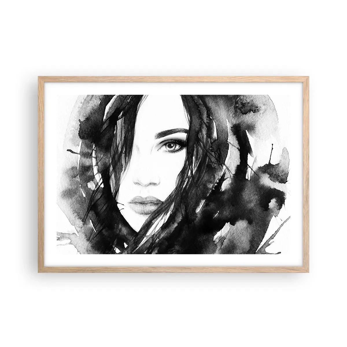 Affiche dans un chêne clair - Poster - Portrait d'une dame en noir et blanc - 70x50 cm
