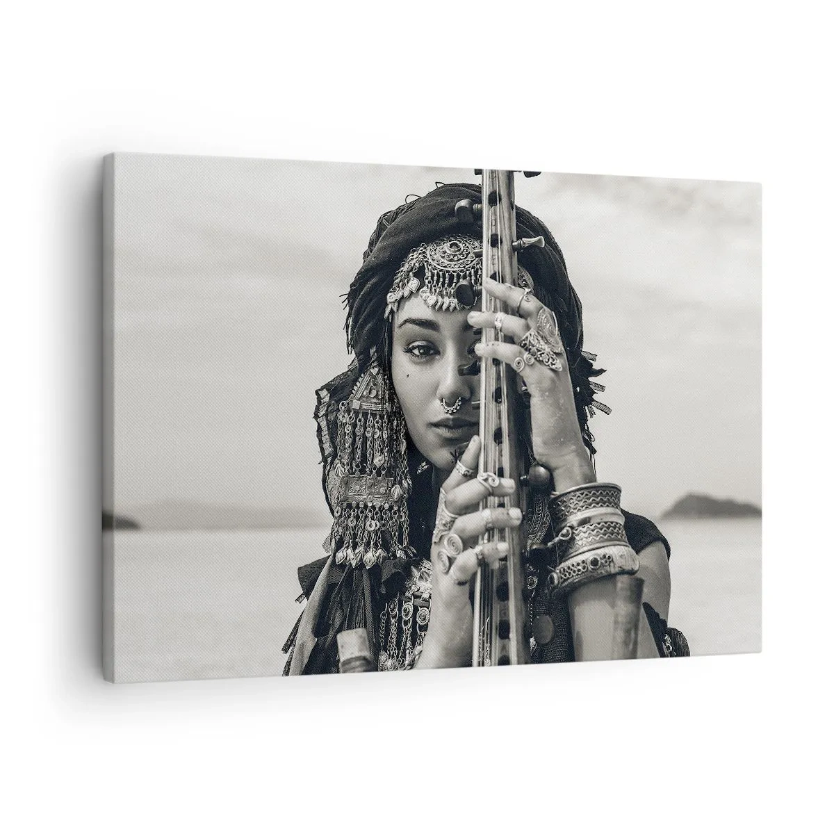 Impression sur toile - Image sur toile - Portrait d'une femme en bijoux ethniques tenant un instrument à la main - 70x50cm - Musique de l'Orient elle-même - Décoration murale moderne pour le salon et la chambre ARTTOR