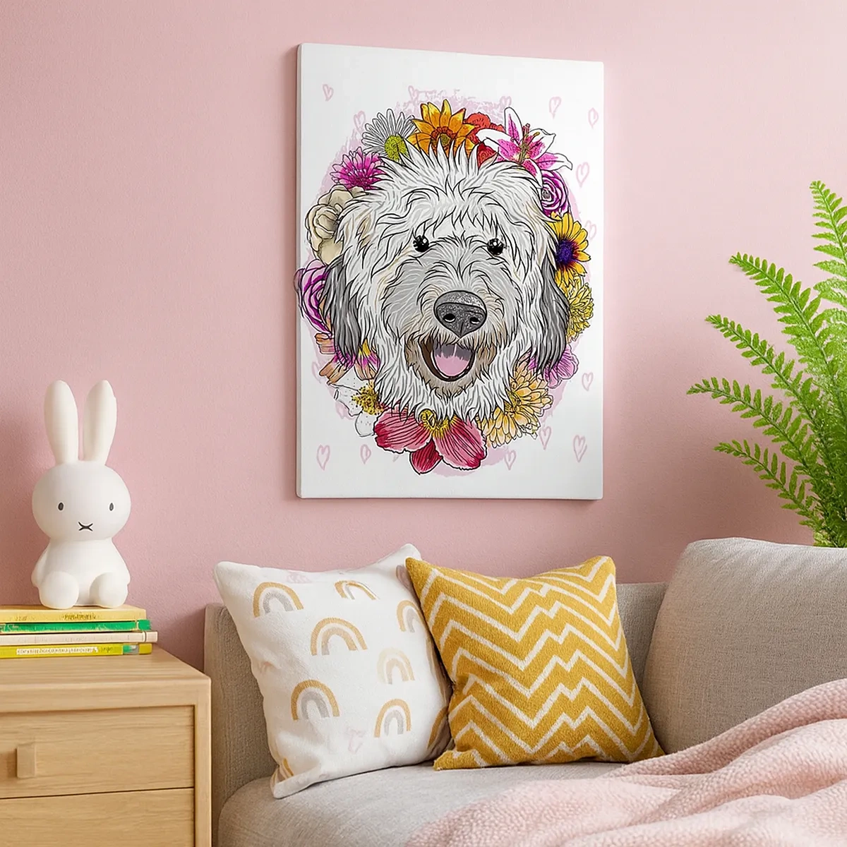 Impression sur toile - Image sur toile - Un chien entouré de fleurs colorées - 50x70cm - La joie du chiot - Décoration murale moderne pour le salon et la chambre ARTTOR