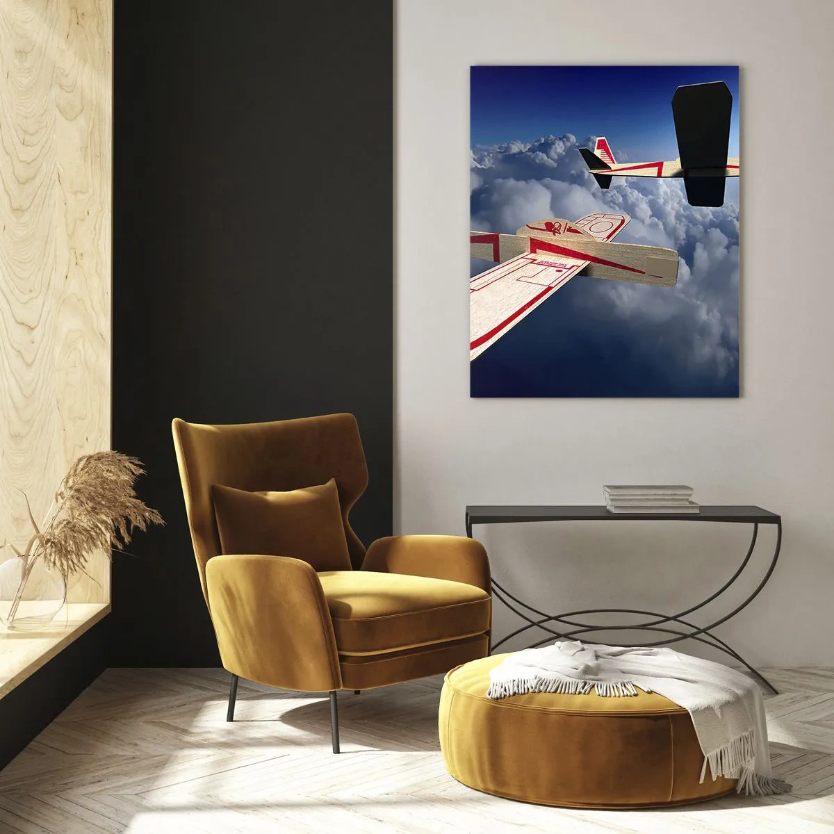 Impression sur verre - Image sur verre - Deux avions en bois planant au-dessus des nuages contre un ciel bleu. - 80x120cm - Encore plus haut, encore plus loin - Décoration murale moderne pour le salon et la chambre ARTTOR