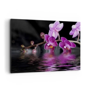 Impression sur toile - Image sur toile - Orchidées violettes sur une eau calme sur fond noir - 100x70cm - Reflet lilas de la beauté - Décoration murale moderne pour le salon et la chambre ARTTOR